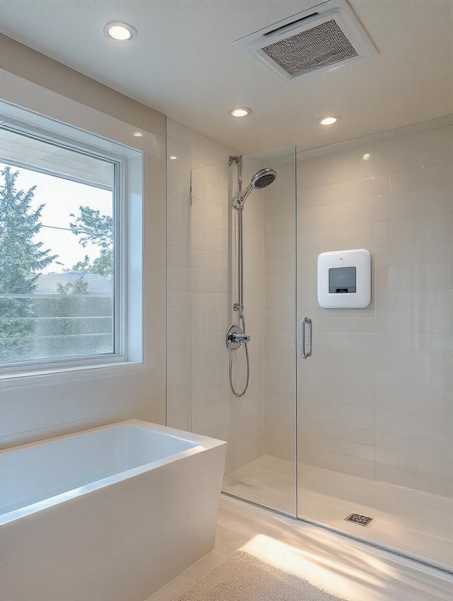 Portrait of a modern bathroom showing a wall-mounted exhaust fan and humidity sensor