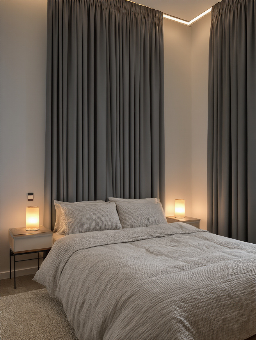 Vertical bedroom scene with blackout curtains, warm ambient lighting, and a neatly made bed for better sleep.