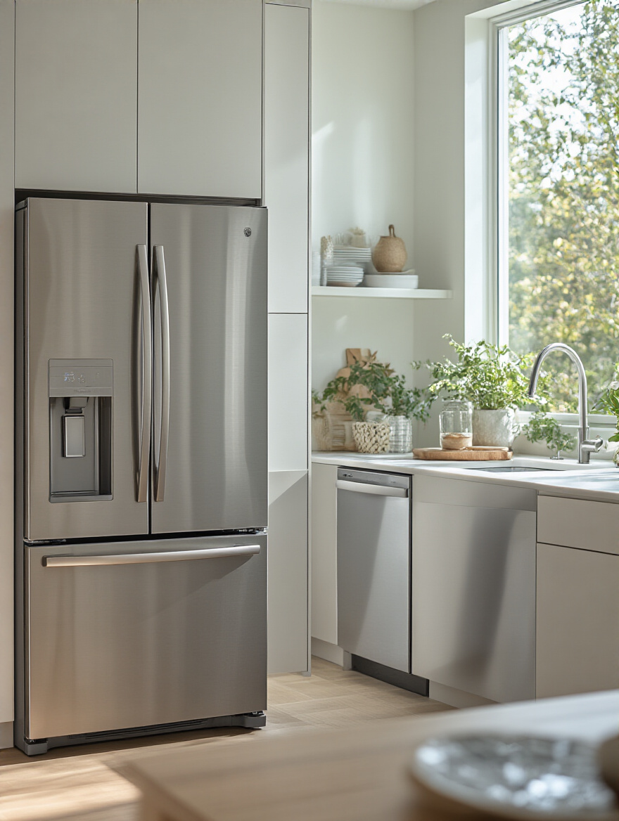 A bright, modern kitchen interior featuring seamlessly integrated stainless steel ENERGY STAR certified energy-efficient refrigerator and dishwasher, bathed in natural light, symbolizing sustainable living and long-term savings.