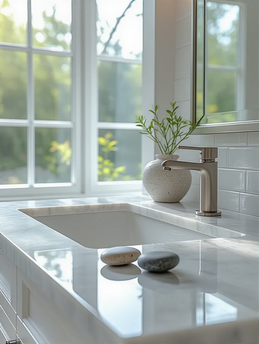 Minimalist modern bathroom counter with a brushed nickel faucet representing needs and polished river stones representing wants, illuminated by natural light.