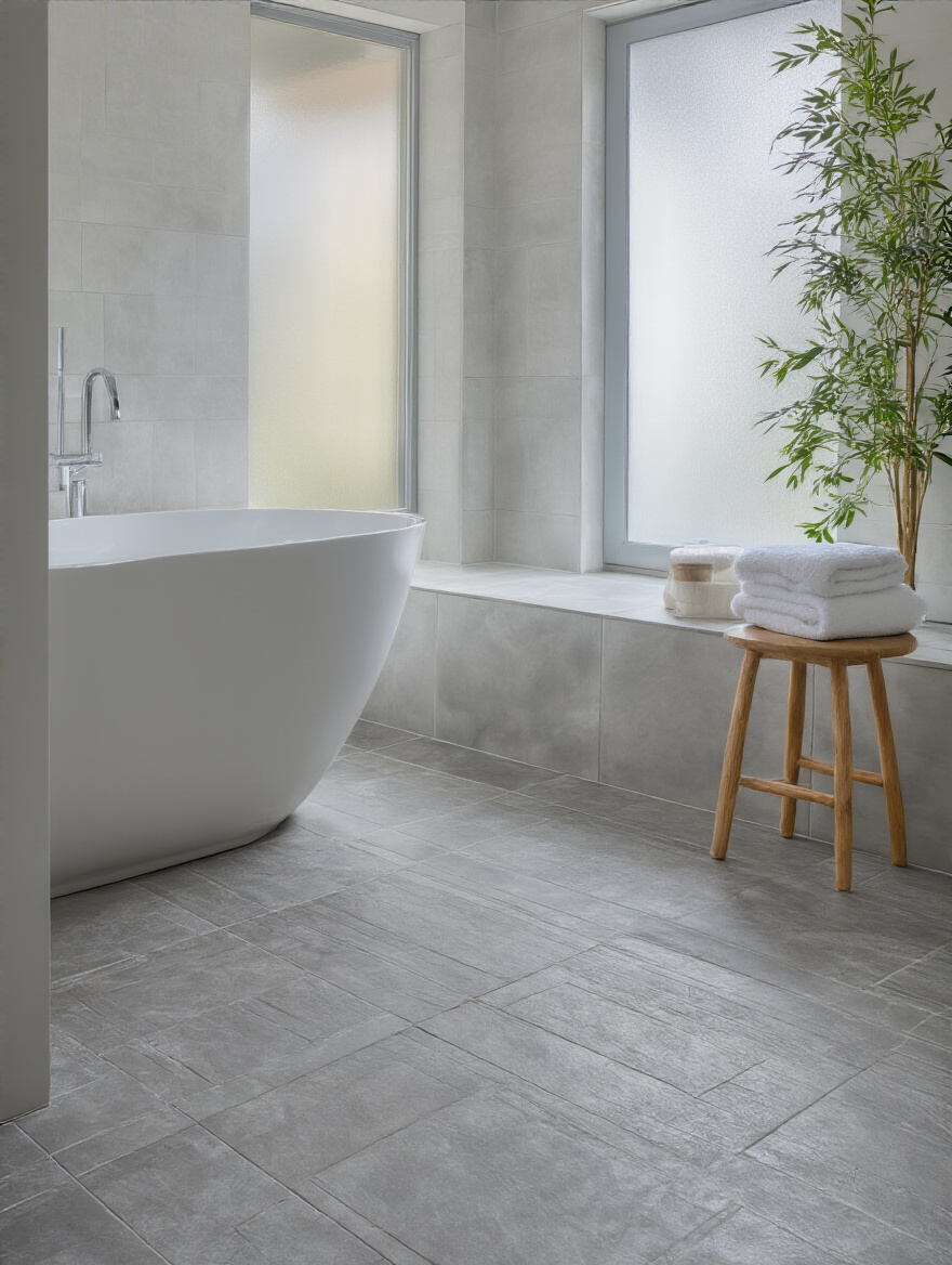 A modern bathroom floor made of textured, matte grey porcelain tiles designed for slip resistance, enhancing safety around a freestanding bathtub in a bright, clean environment.