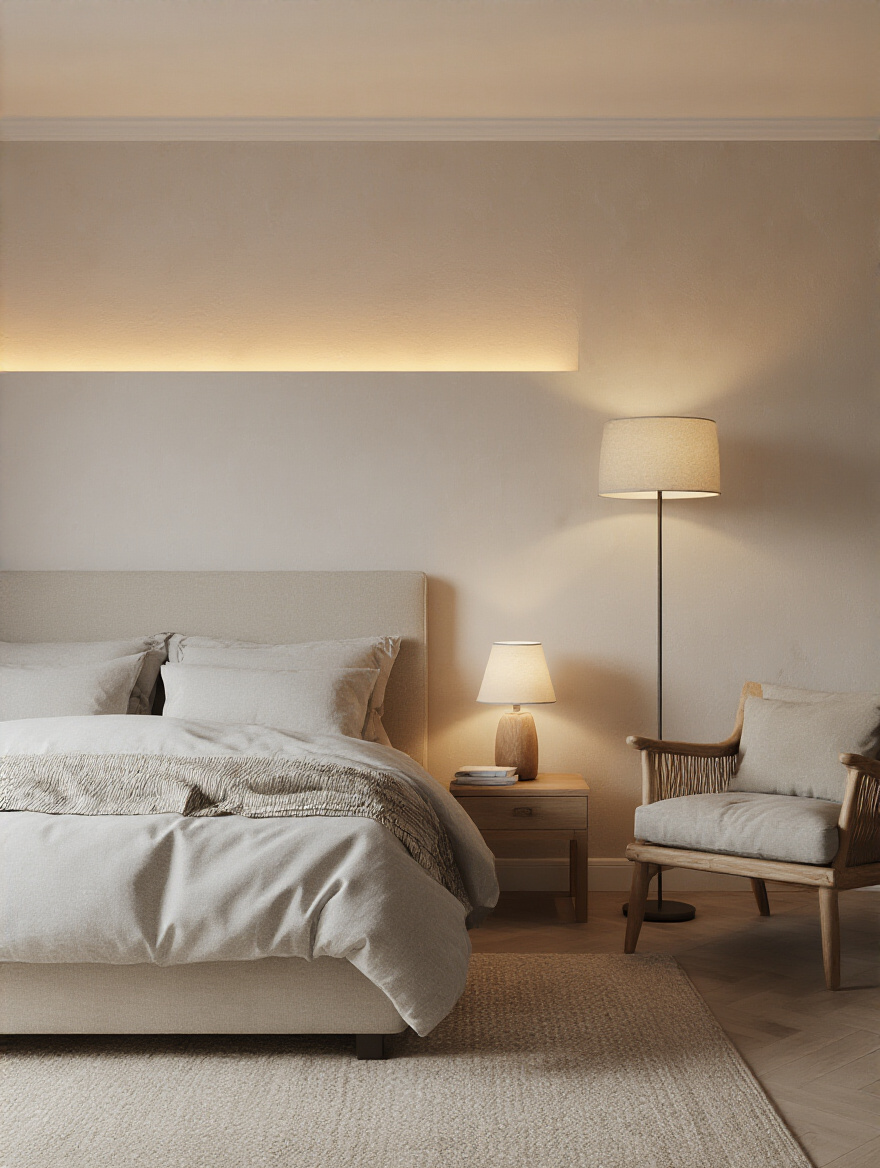 Portrait of a cozy bedroom with layered indirect lighting