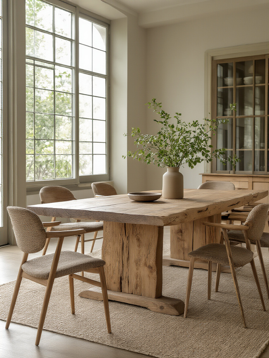 Modern dining room featuring a reclaimed wood table and chairs with recycled aluminum frames and sustainable fabric upholstery, under soft natural light, showcasing durable and eco-friendly design.