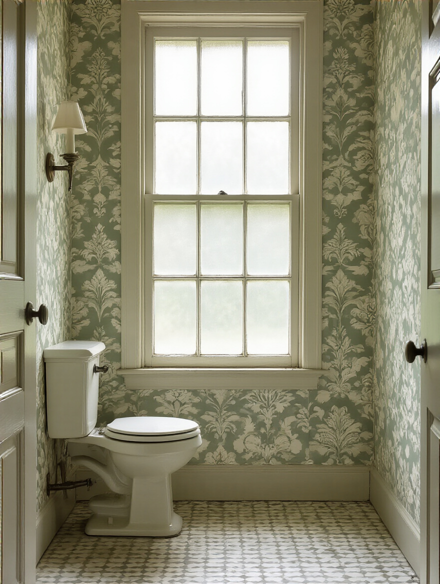 Portrait view of a vintage bathroom wallpaper installation scene with prep and finish in one wall