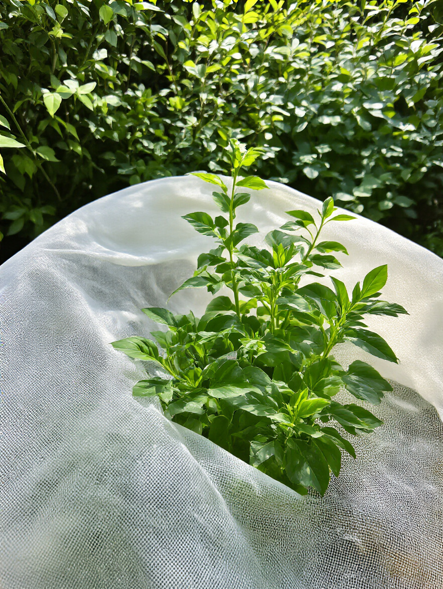 A delicate garden plant partially covered by a white row cover and with a shade cloth visible in the background, illustrating protection from extreme weather.