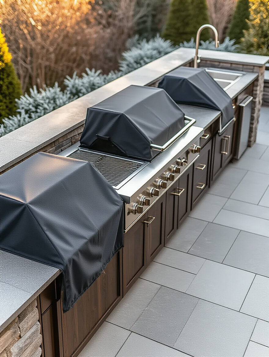 Custom-fit dark gray protective covers meticulously applied to an outdoor kitchen grill, sink, and cabinetry for winter, showing a proactive approach to protecting an outdoor investment.