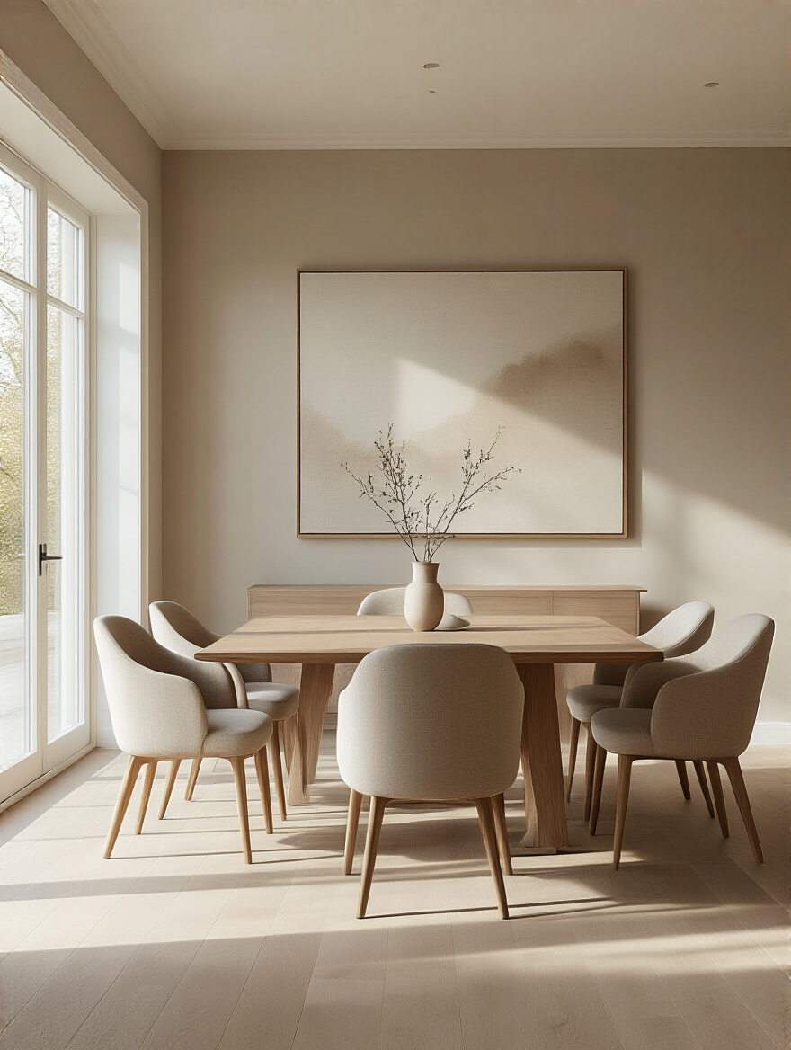 A bright and airy modern dining room with light greige neutral walls, a sleek wooden dining table, and minimalist decor.