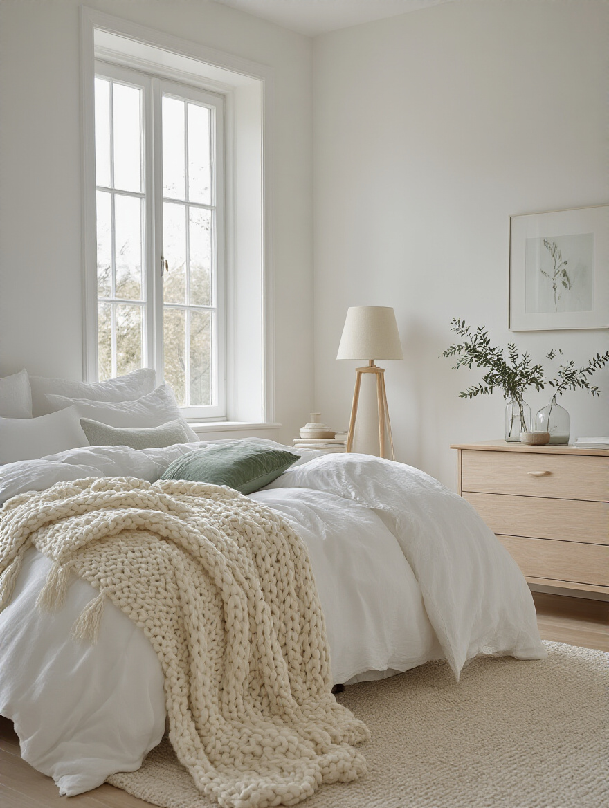White bedroom staged for seasonal decor swaps with textured textiles and natural accents