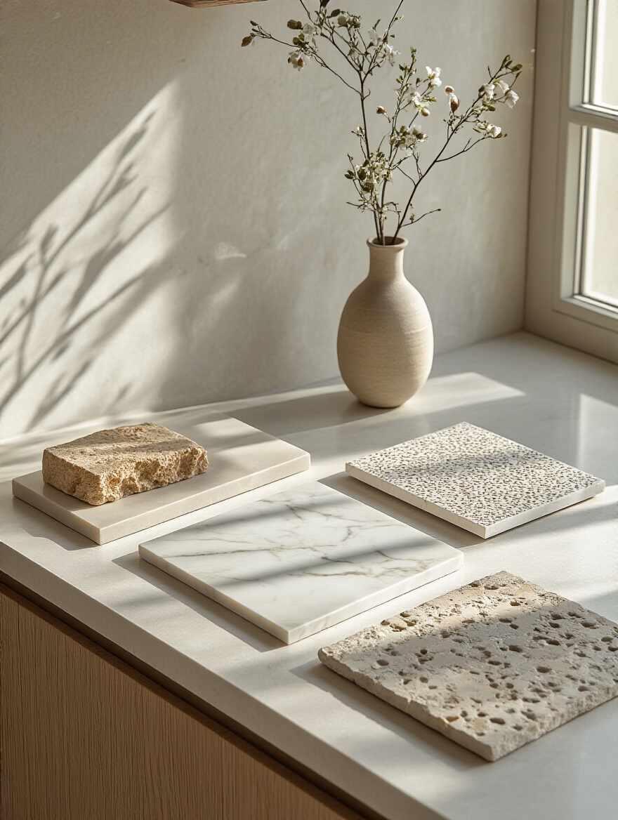 An artful arrangement of various contemporary kitchen backsplash material samples including large format tile, honed marble, and textured Zellige tiles, displayed on a sleek countertop under natural light, showcasing options for kitchen renovation.