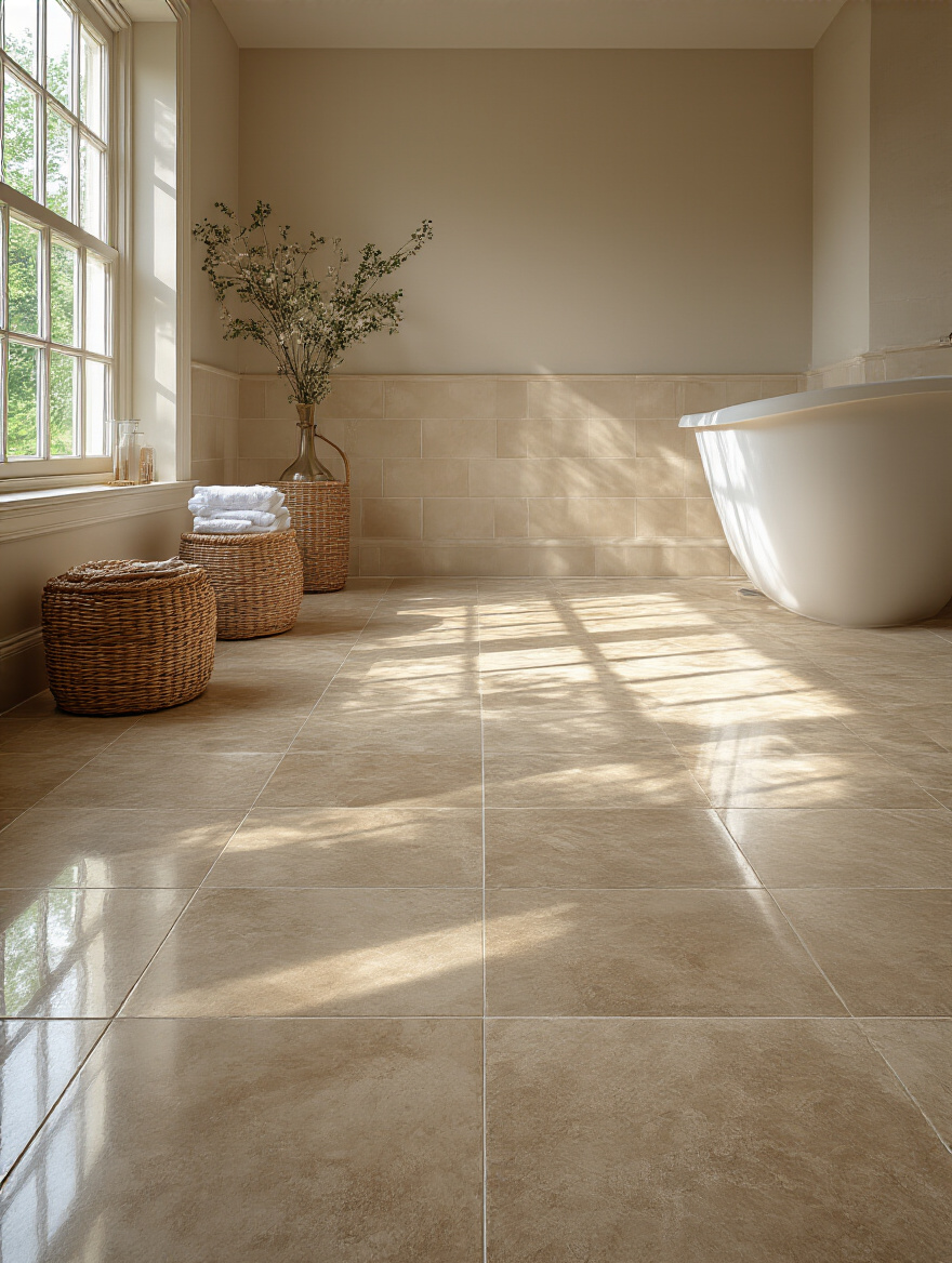 Elegant bathroom interior with light-colored tile flooring, bathed in soft sunlight, symbolizing durability and peace of mind from good warranty coverage.