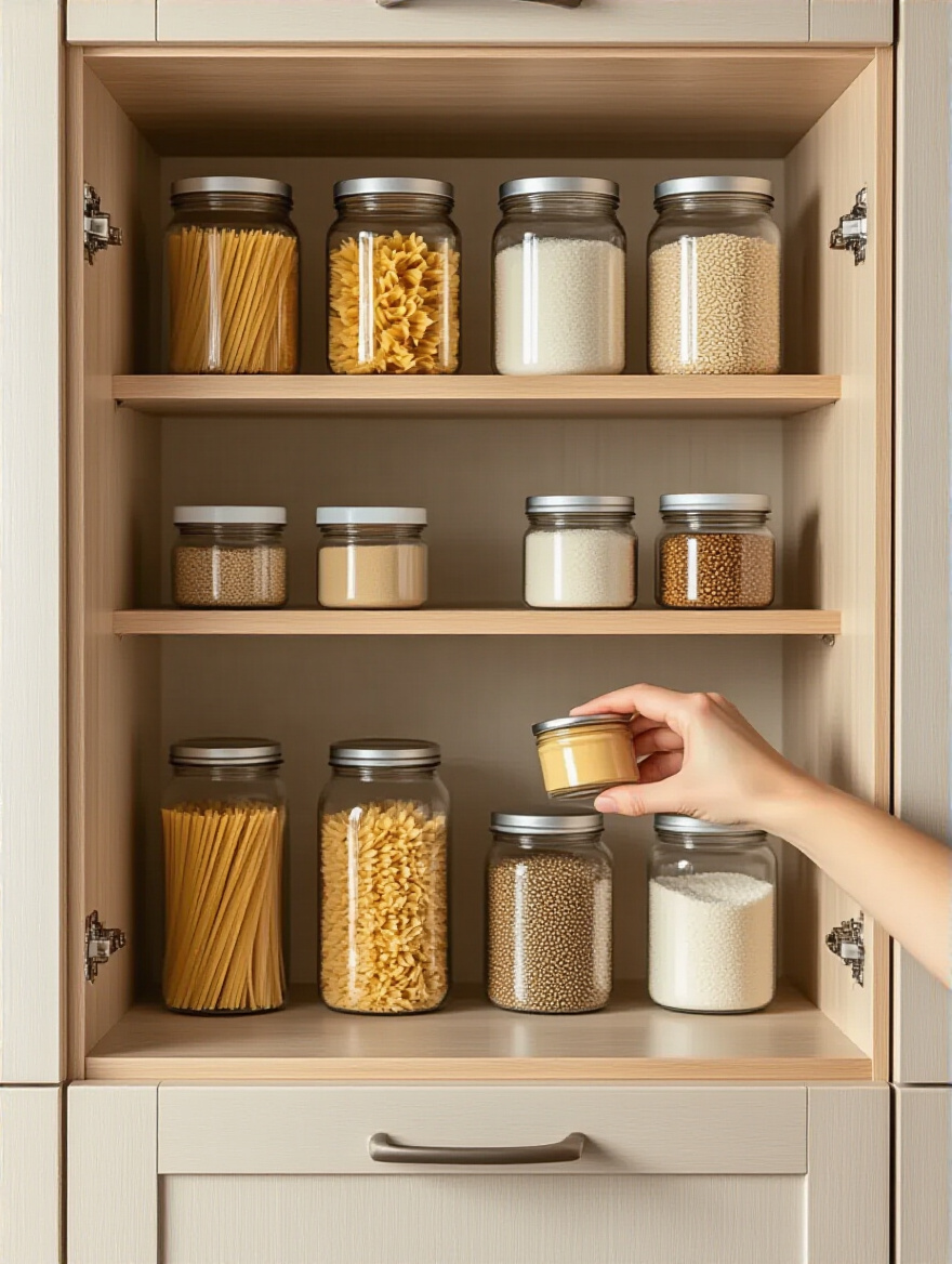 Neatly organized kitchen cabinet shelf with spices and dry goods, representing a quick decluttering session.