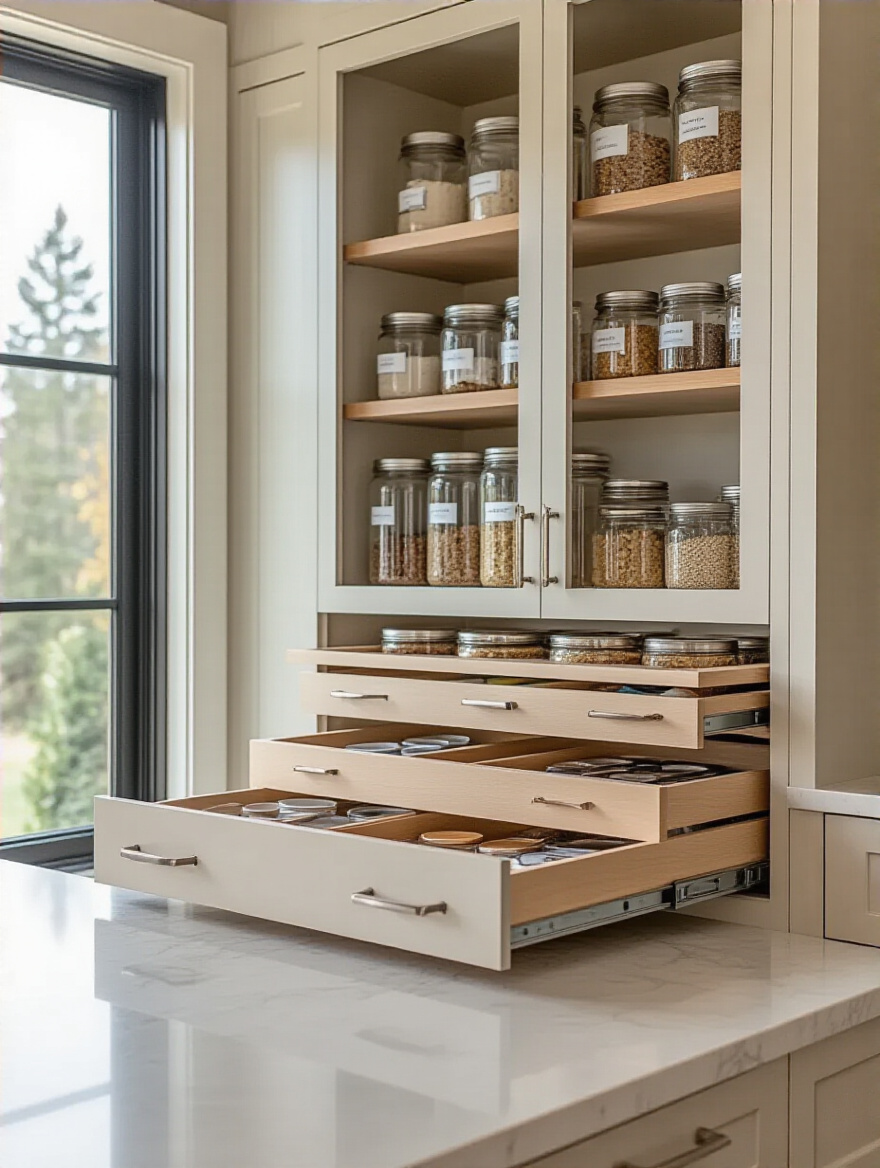 Portrait of an organized kitchen cabinet system with labeled containers
