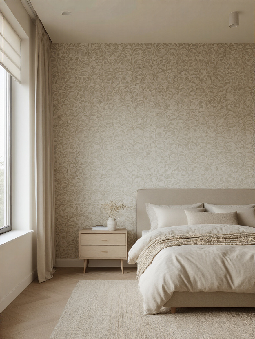 Bedroom wallpaper accent wall with seamless pattern matching and hidden seams