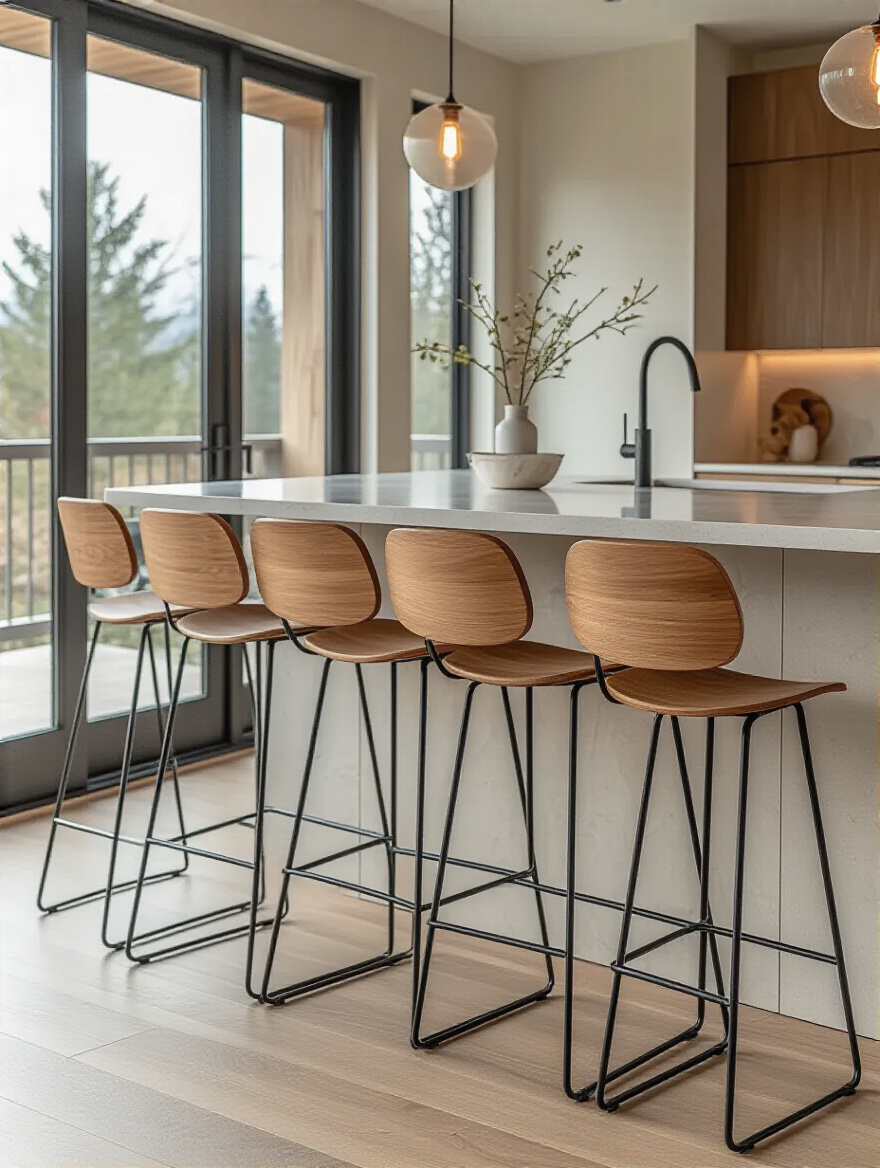 Portrait-style shot of a contemporary kitchen island with artful bar stools and warm lighting