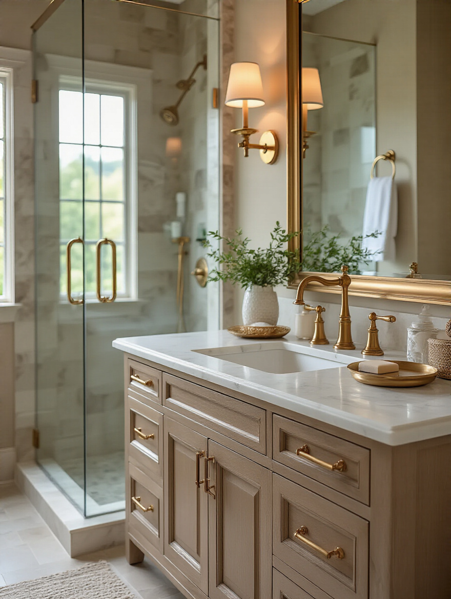 Portrait of a bathroom scene highlighting cohesive hardware with warm brass finishes