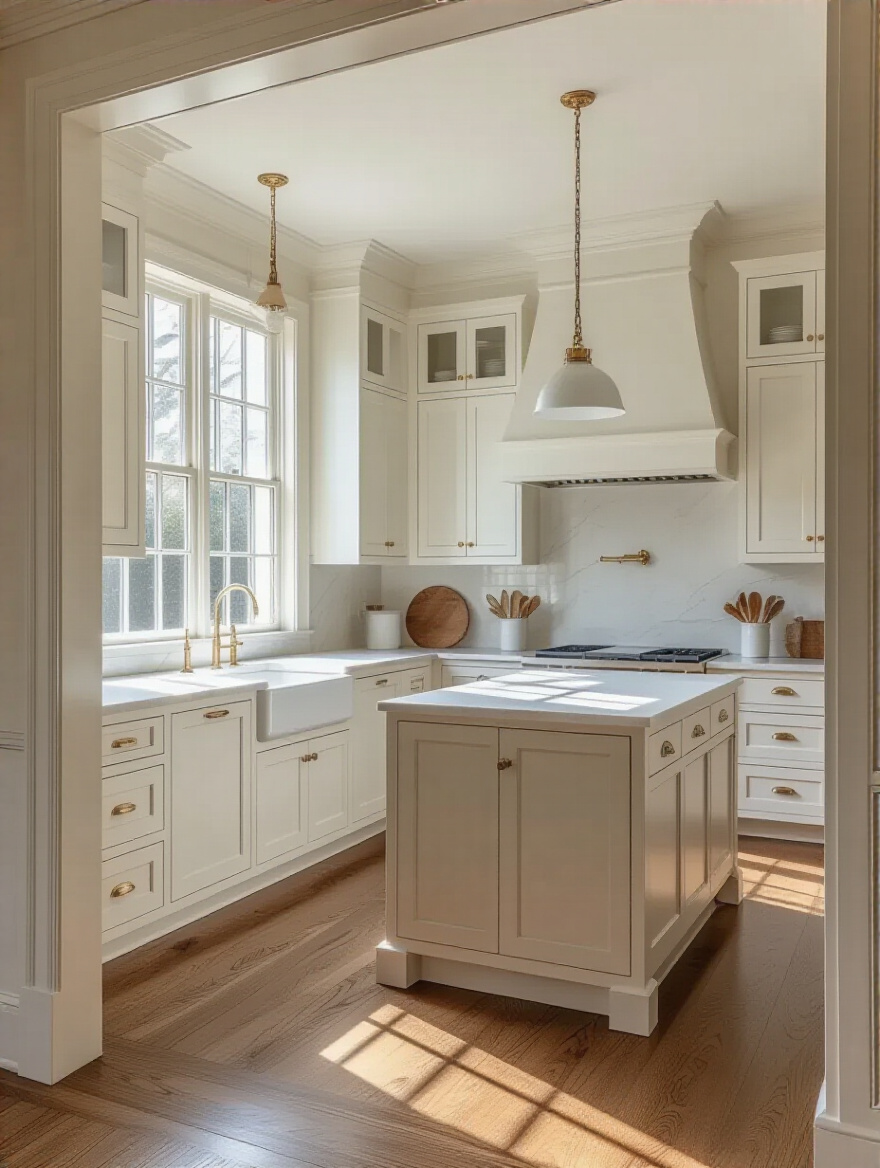 A timeless kitchen with white Shaker cabinetry and a large island, demonstrating perfect aesthetic cohesion with traditional architectural elements like crown molding and hardwood floors.