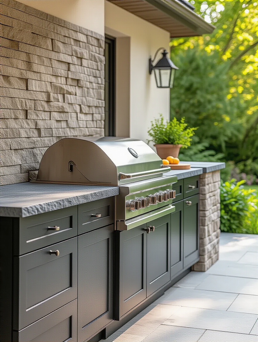 A portrait view of an outdoor kitchen featuring bluestone countertops, stacked stone veneer backsplash, and dark composite cabinets, showing seamless material and color cohesion with the subtle background of a modern home and lush garden.