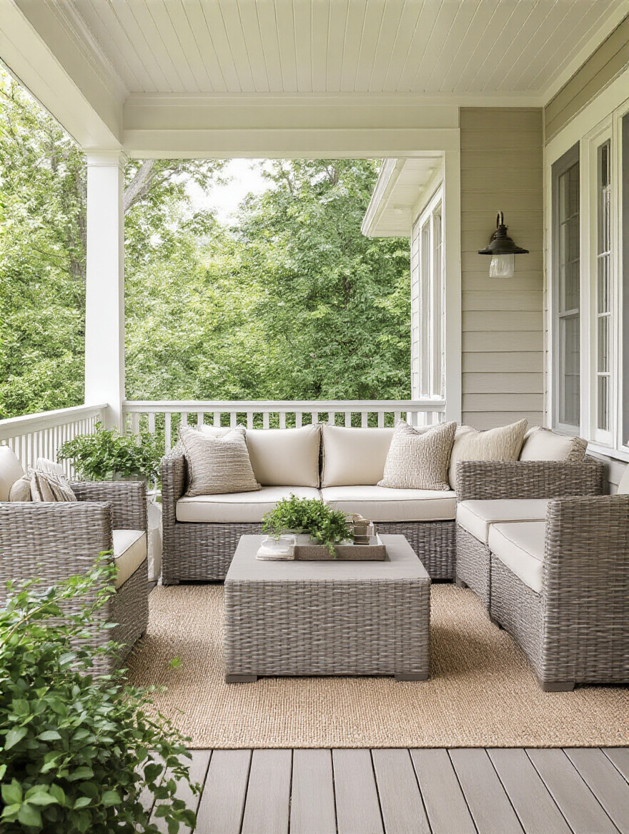 Front porch seating with weather-resistant cushions in neutral tones
