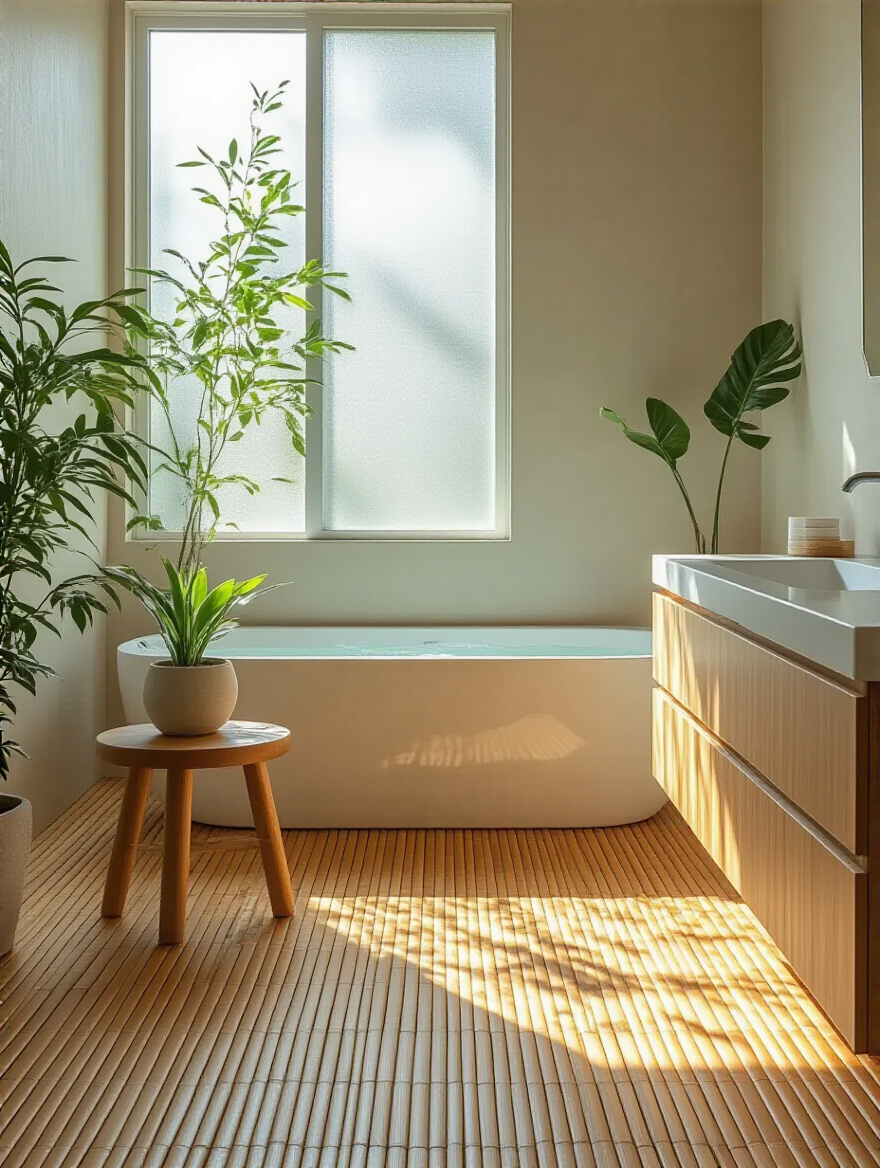 Modern bathroom with natural bamboo plank flooring, white freestanding tub, and soft sunlight, showcasing sustainable design.