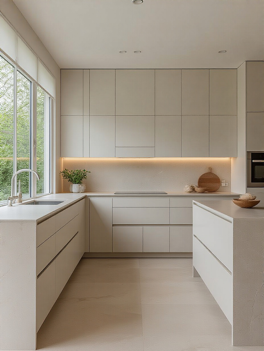 Portrait of flat-panel cabinetry with seamless lines in a modern kitchen