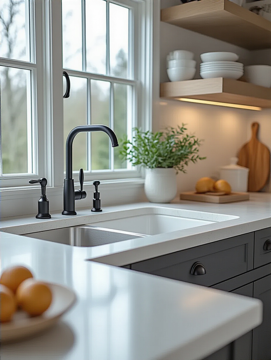 Vertical image showing modern matte black kitchen cabinet pulls and a sleek gooseneck faucet over a white sink, set against light cabinets and a quartz countertop in a professionally designed kitchen. Highlights elevated kitchen hardware and fixtures.
