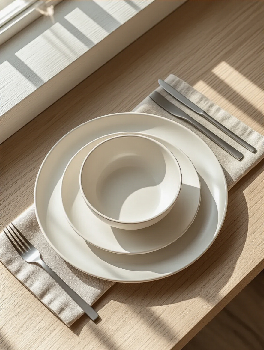 Modern dining table set with white, round plates, sleek cutlery, and solid grey linen napkins, showcasing clean lines and a minimalist aesthetic in a bright, contemporary dining room.