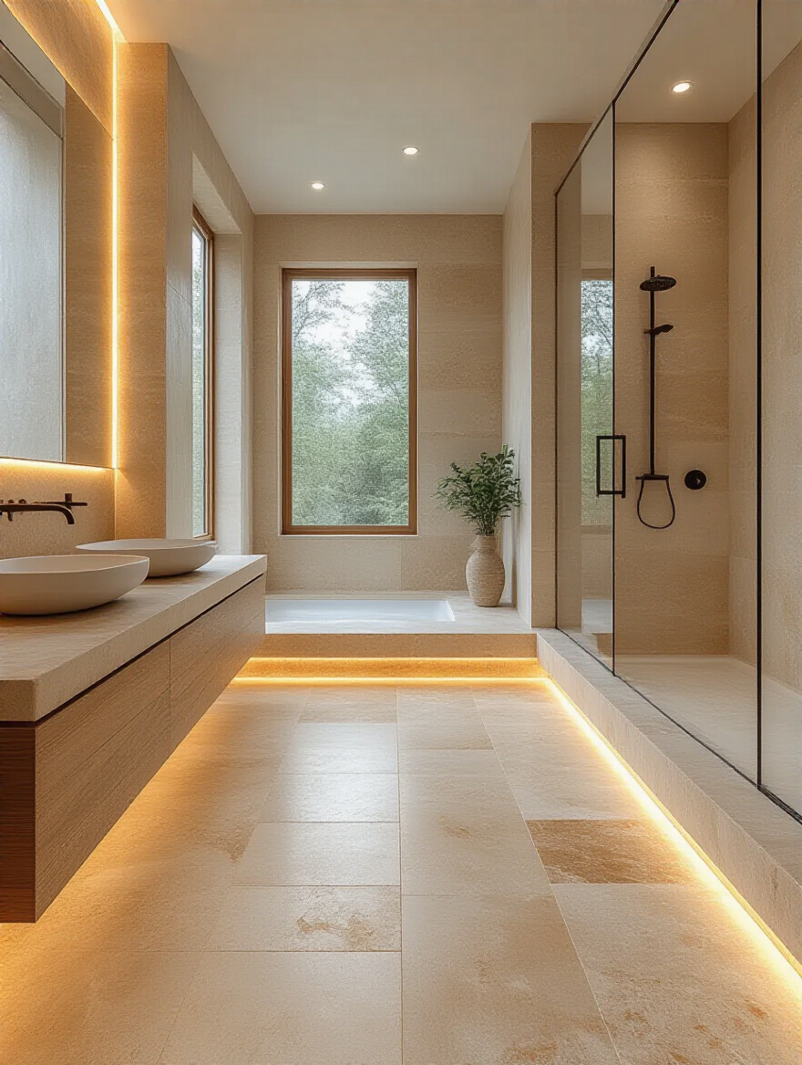 A luxurious master bathroom featuring seamless honed travertine natural stone flooring extending into a walk-in shower, exuding a high-end feel.