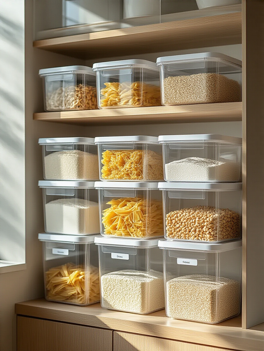 Organized cabinet with clear stackable bins