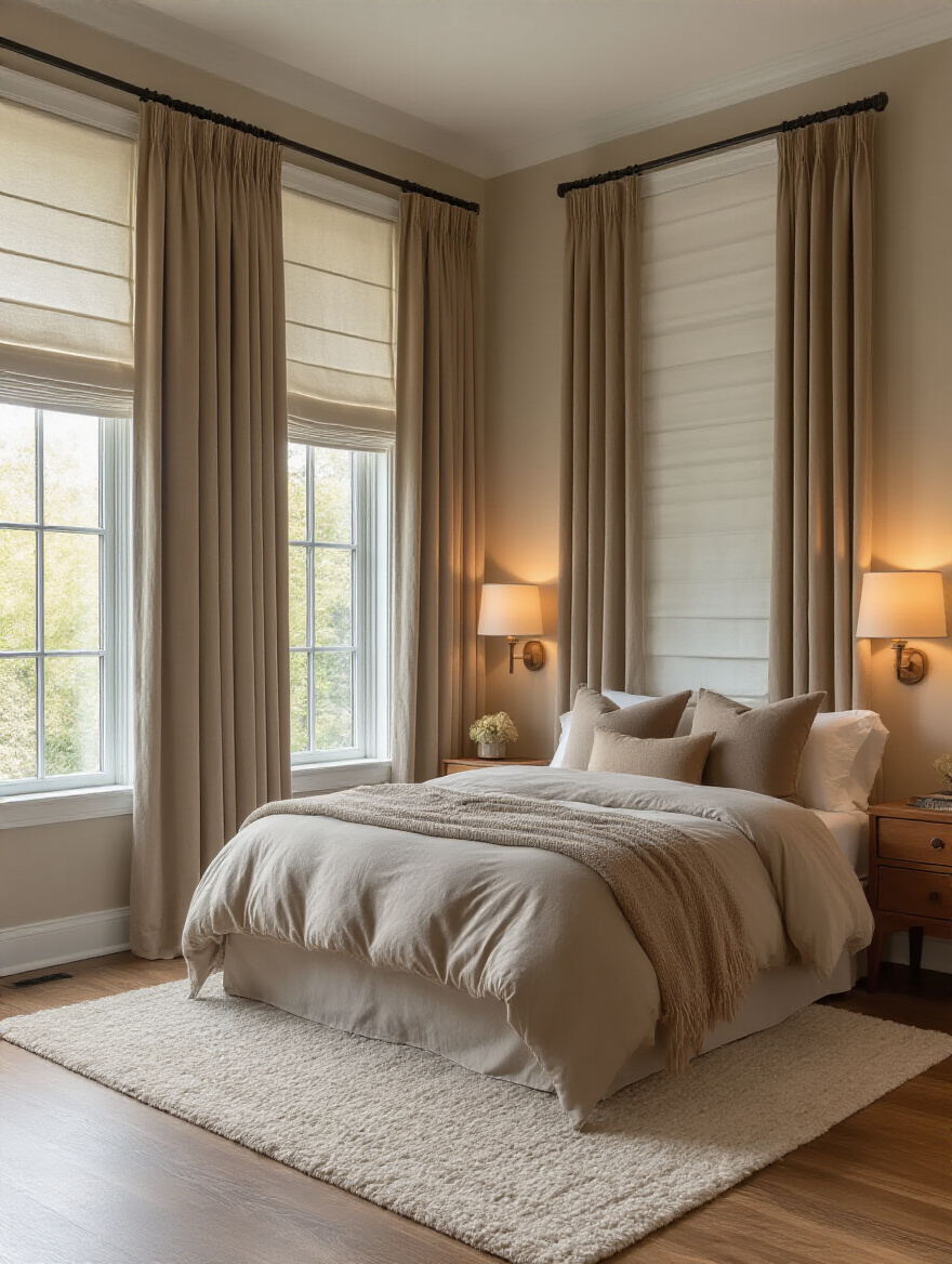 Portrait view of a cozy bedroom with substantial window treatments for privacy and insulation