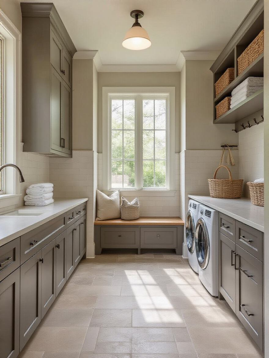 Vertical shot of a mudroom/laundry area showcasing moisture-resistant finishes: porcelain tile flooring, tile wainscoting, sealed cabinetry, and a quartz sink counter.