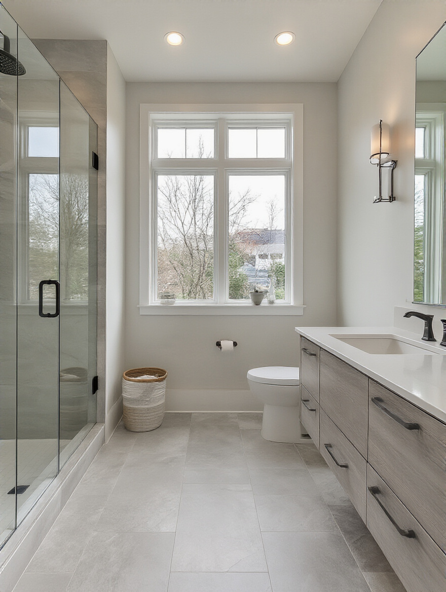 Portrait view of a bathroom with water-resistant flooring featuring safe, durable surfaces