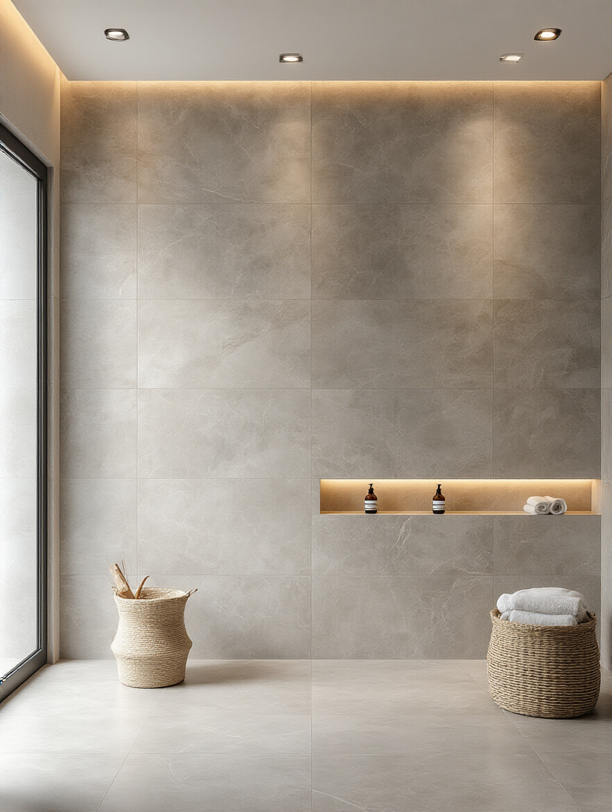 Modern bathroom featuring elegant, large-format grey porcelain waterproof wall tiles in a spacious shower area, designed for durability and aesthetic appeal.