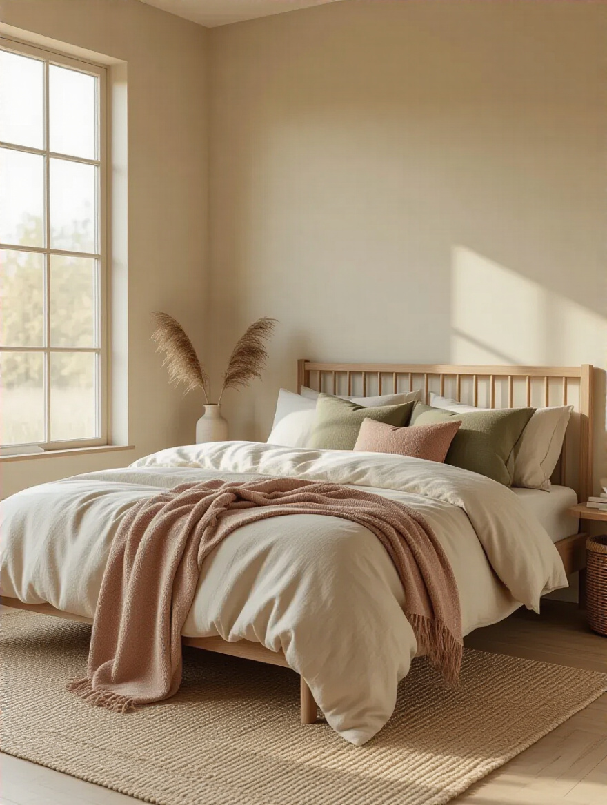 Cozy bedroom with warm undertones color palette and soft textures