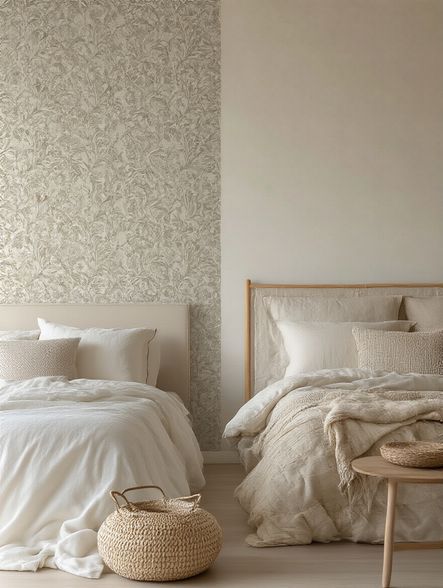 Portrait of a bedroom accent wall displaying peel-and-stick and traditional wallpaper options.