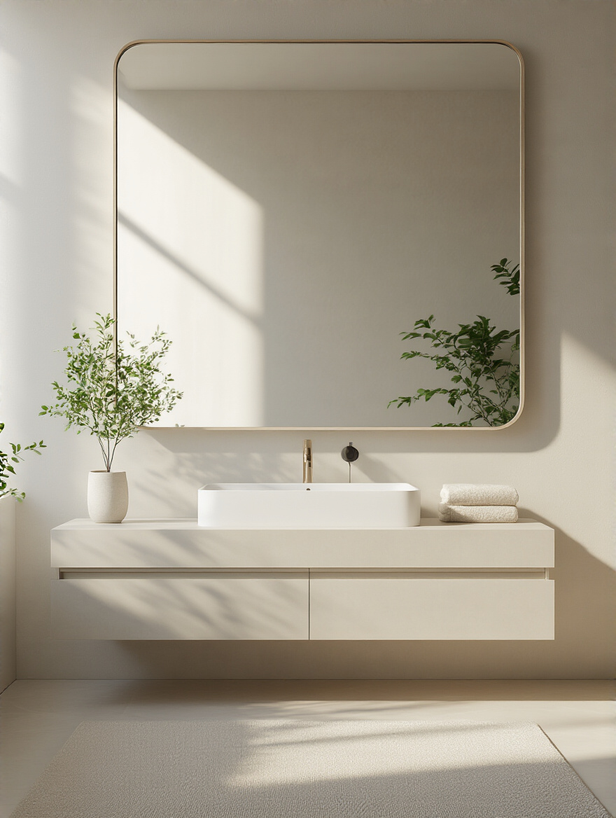 A large, elegant rectangular mirror reflecting a bright modern bathroom, making the space appear significantly larger and brighter through strategic placement.