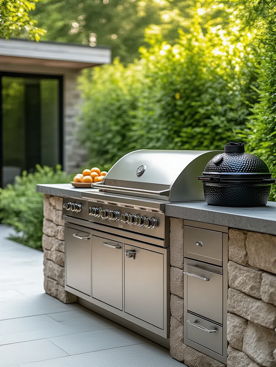 Modern outdoor kitchen featuring built-in gas grill and kamado grill, illustrating different grill types for diverse cooking styles.