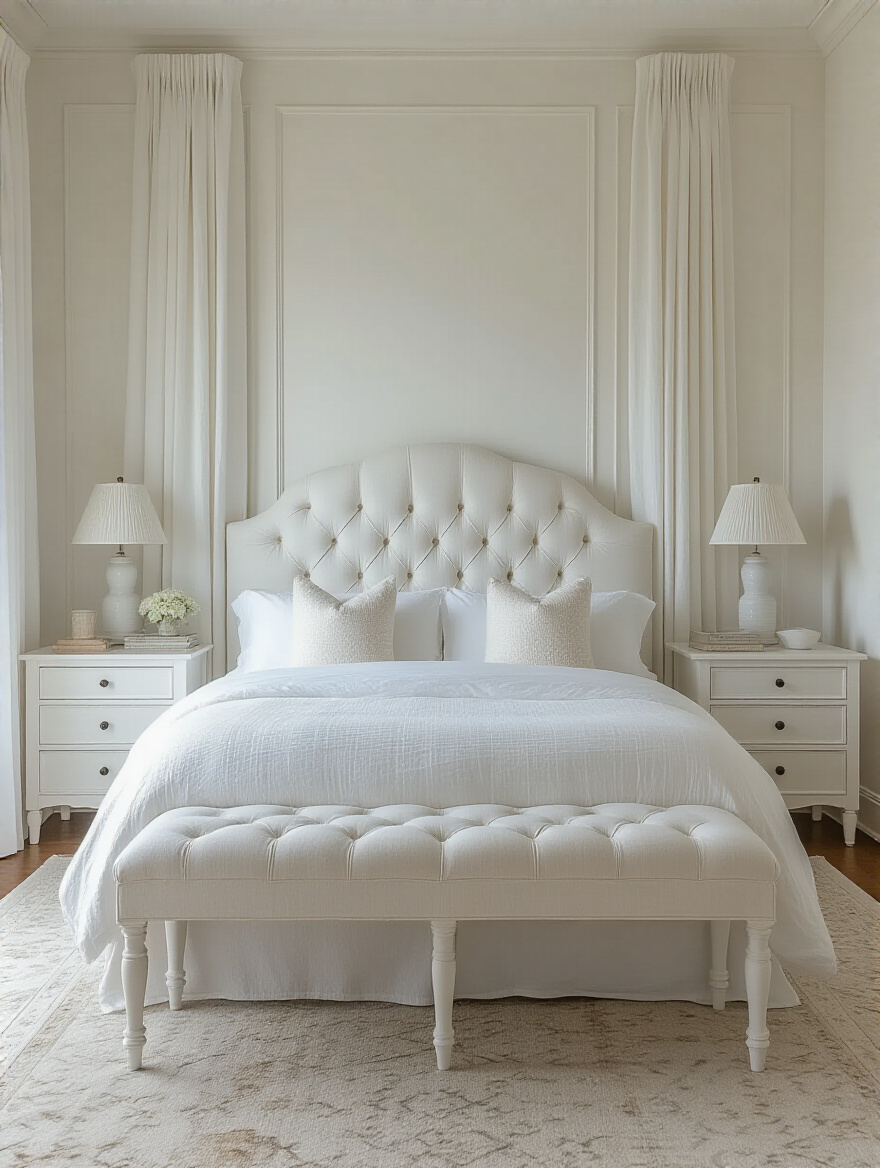 Elegant white bedroom with a statement white bed and dresser as anchors.