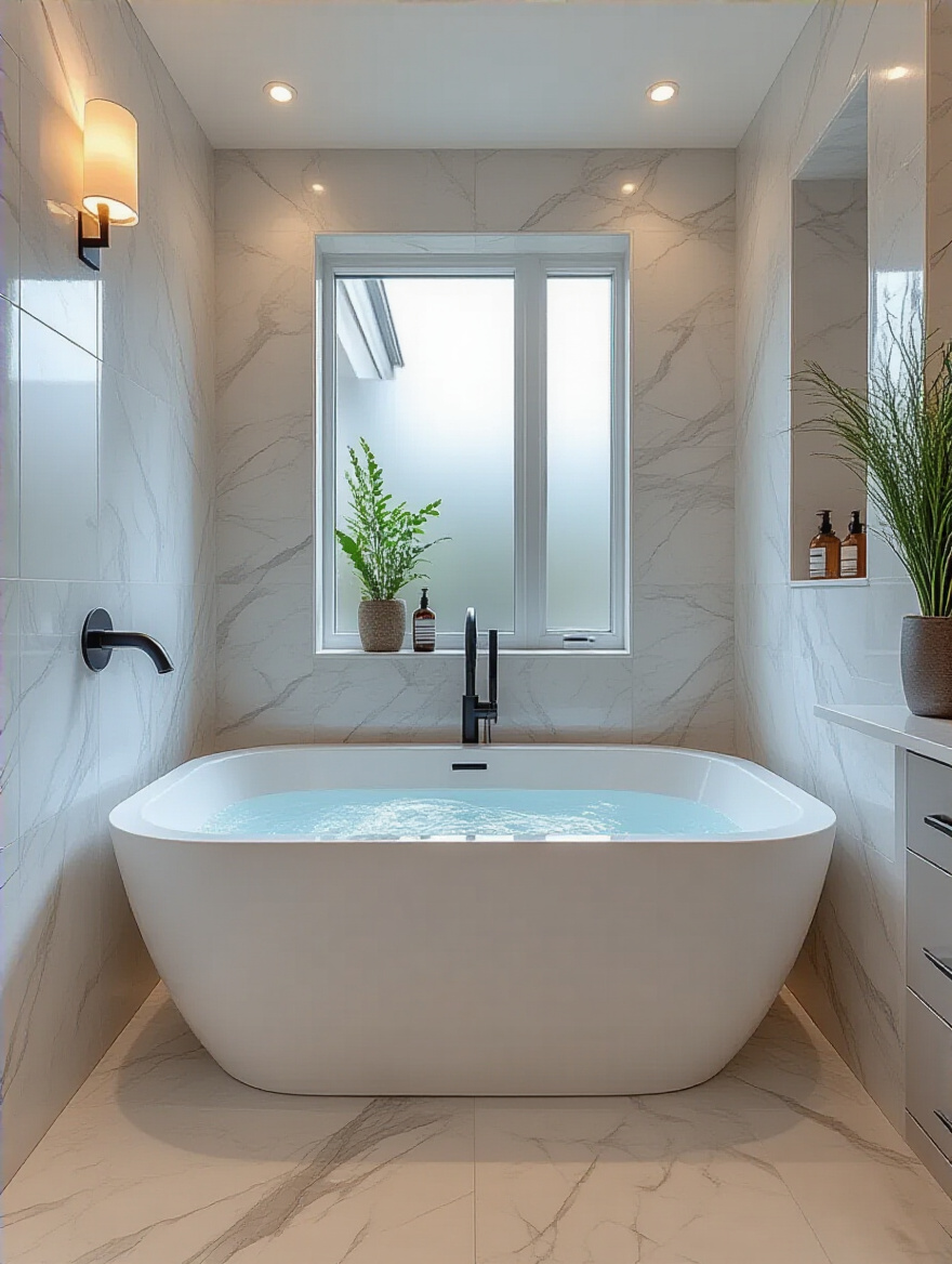 Luxurious modern bathroom interior with white marble and matte black fixtures, symbolizing careful financial planning for a high-quality renovation.