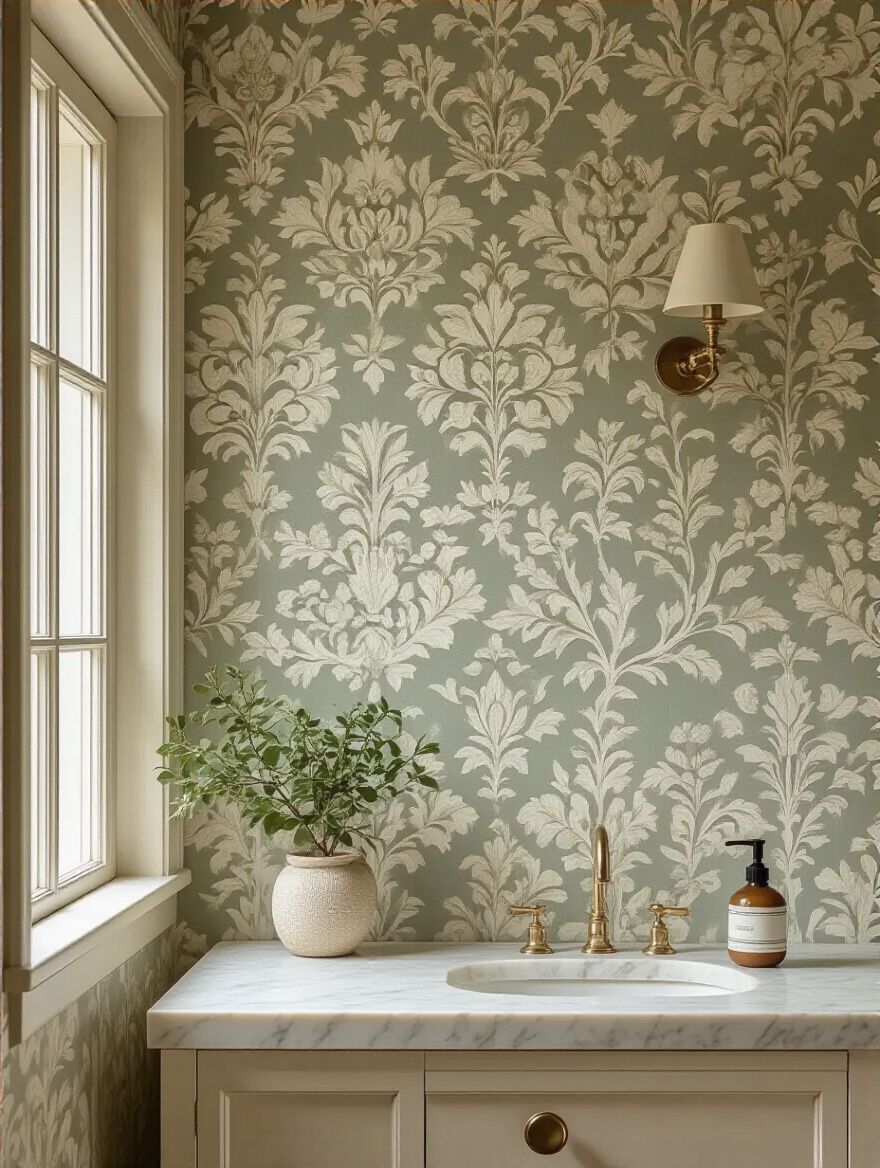Portrait of a vintage bathroom wallpaper feature with soft daylight