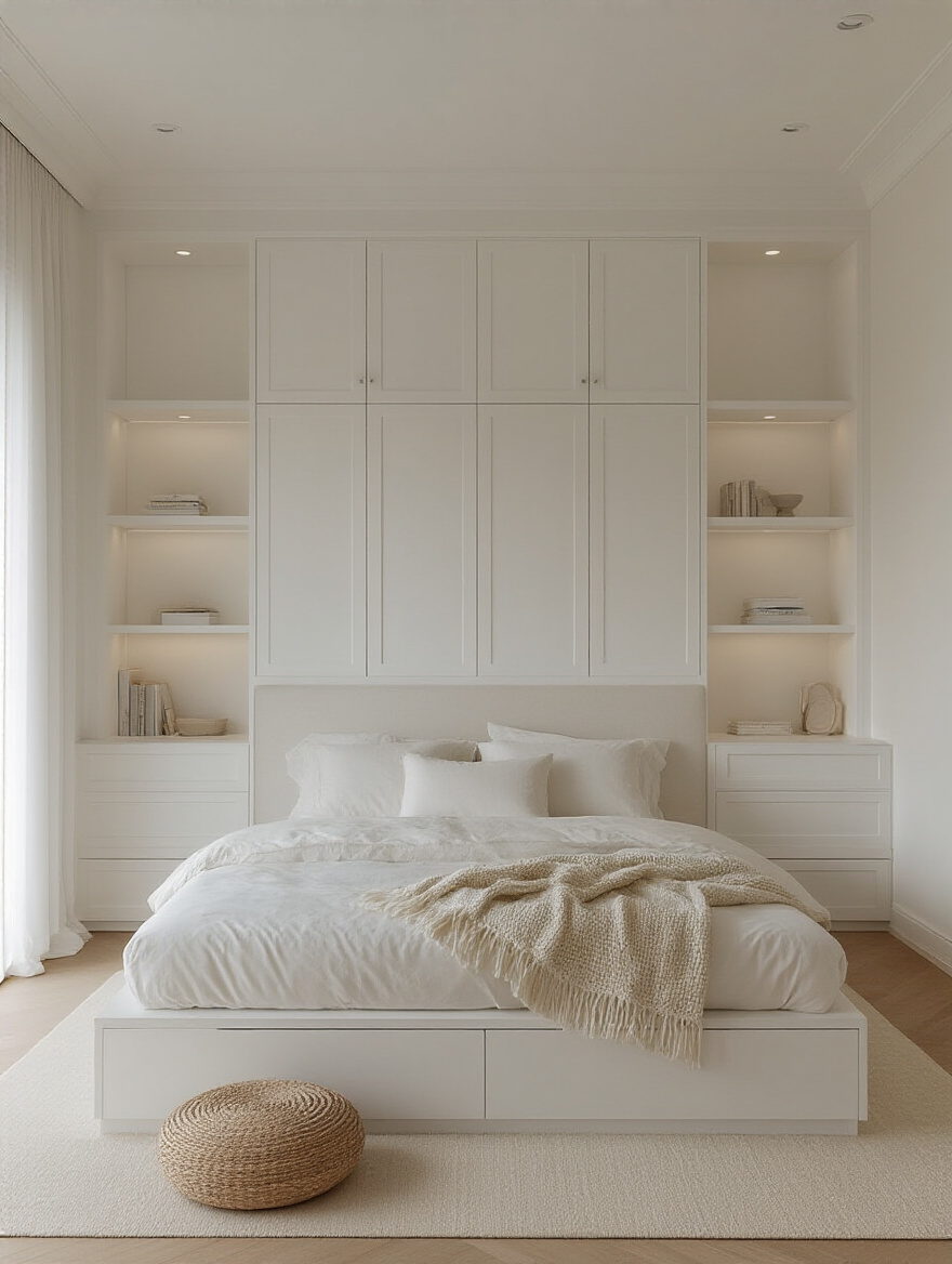 Serene white bedroom with built-in white storage and hidden compartments