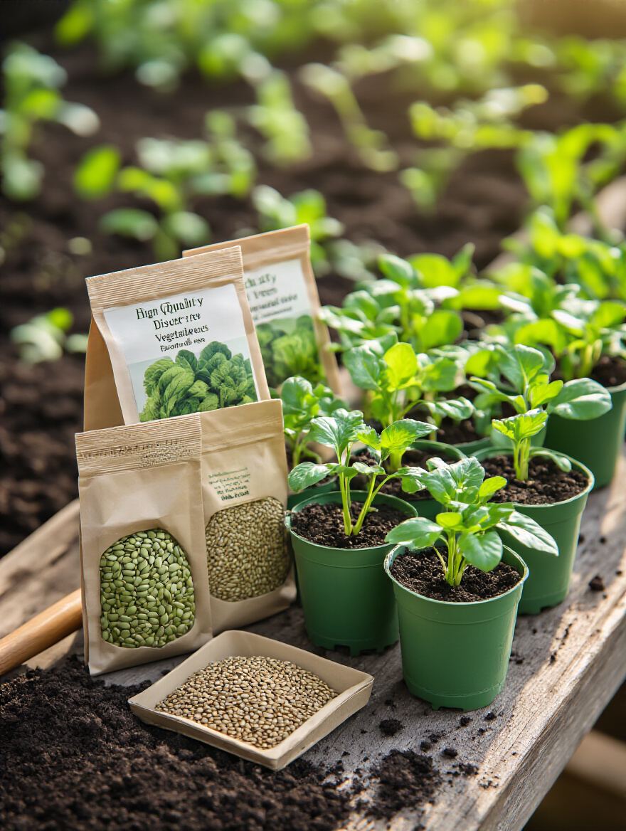 A close-up image of high-quality vegetable seeds in packets and healthy green nursery seedlings in pots on a potting bench, signifying the start of a thriving garden.