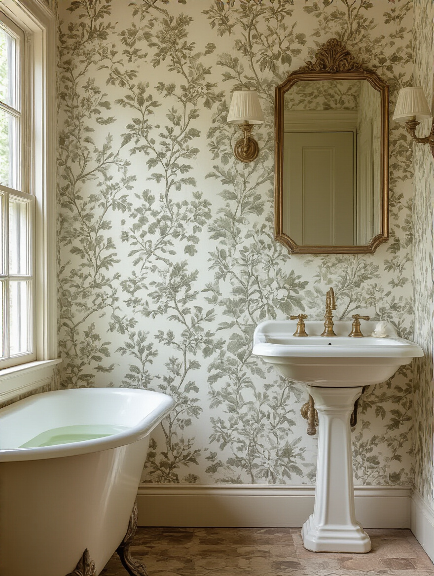 Portrait view of a vintage bathroom with authentic wallpaper designs