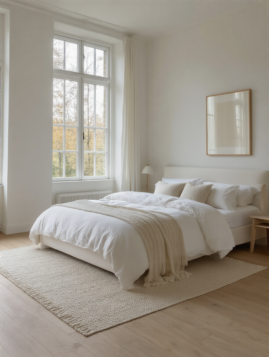 Portrait of a serene white bedroom with strategic furniture layout and open pathways.