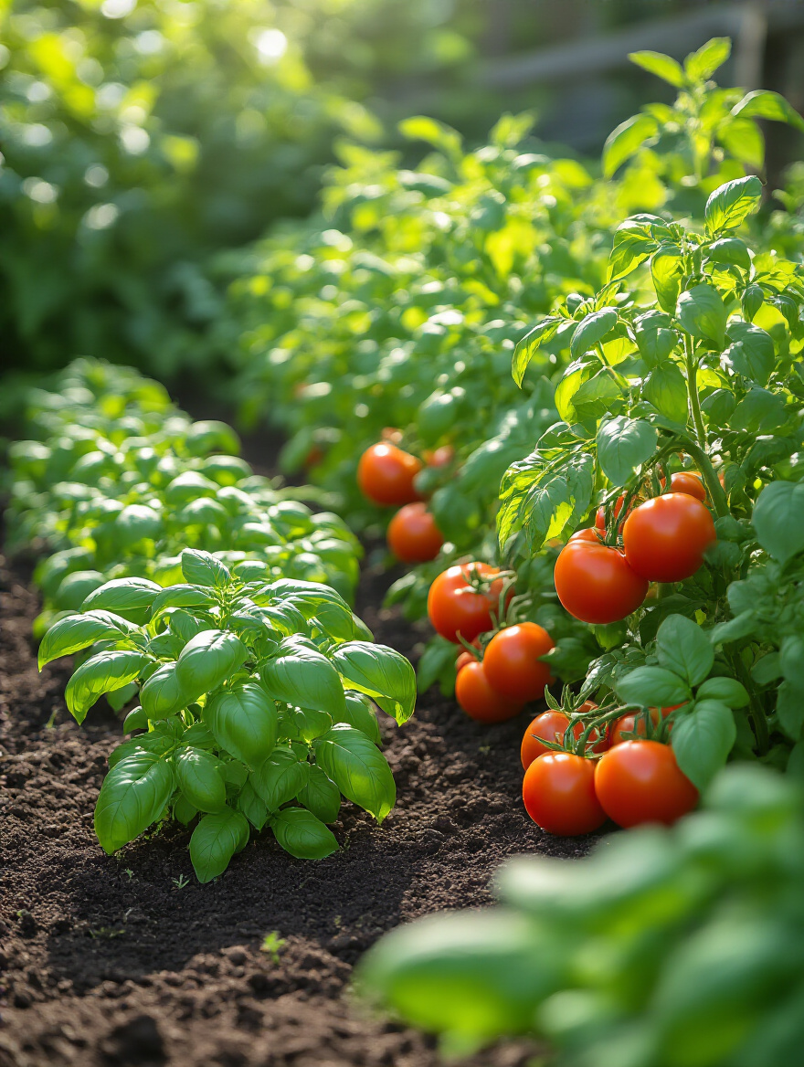Vibrant garden bed showcasing healthy tomato plants with basil companions, illustrating natural pest control and enhanced growth through companion planting.