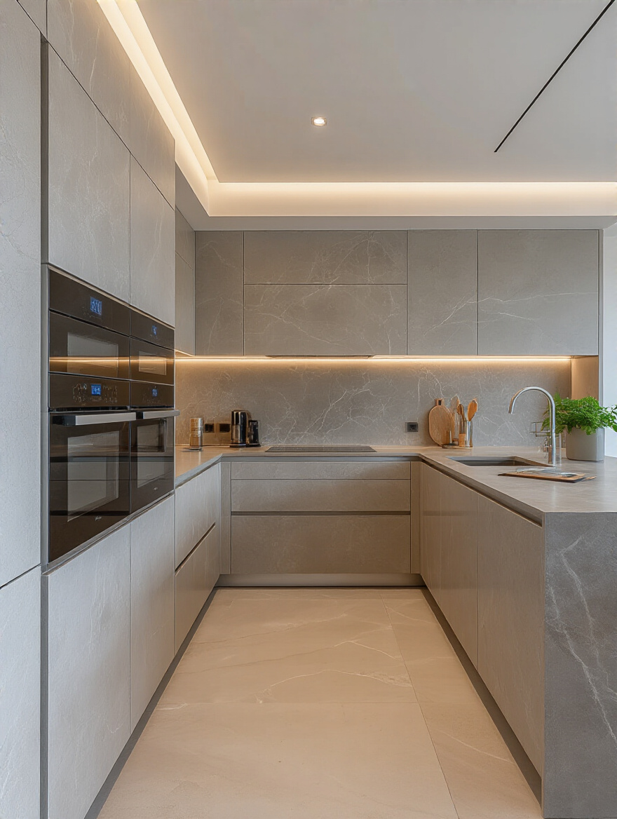 Sleek modern kitchen design showing subtle integration of smart home technology with an ethereal blueprint overlay, emphasizing early planning.