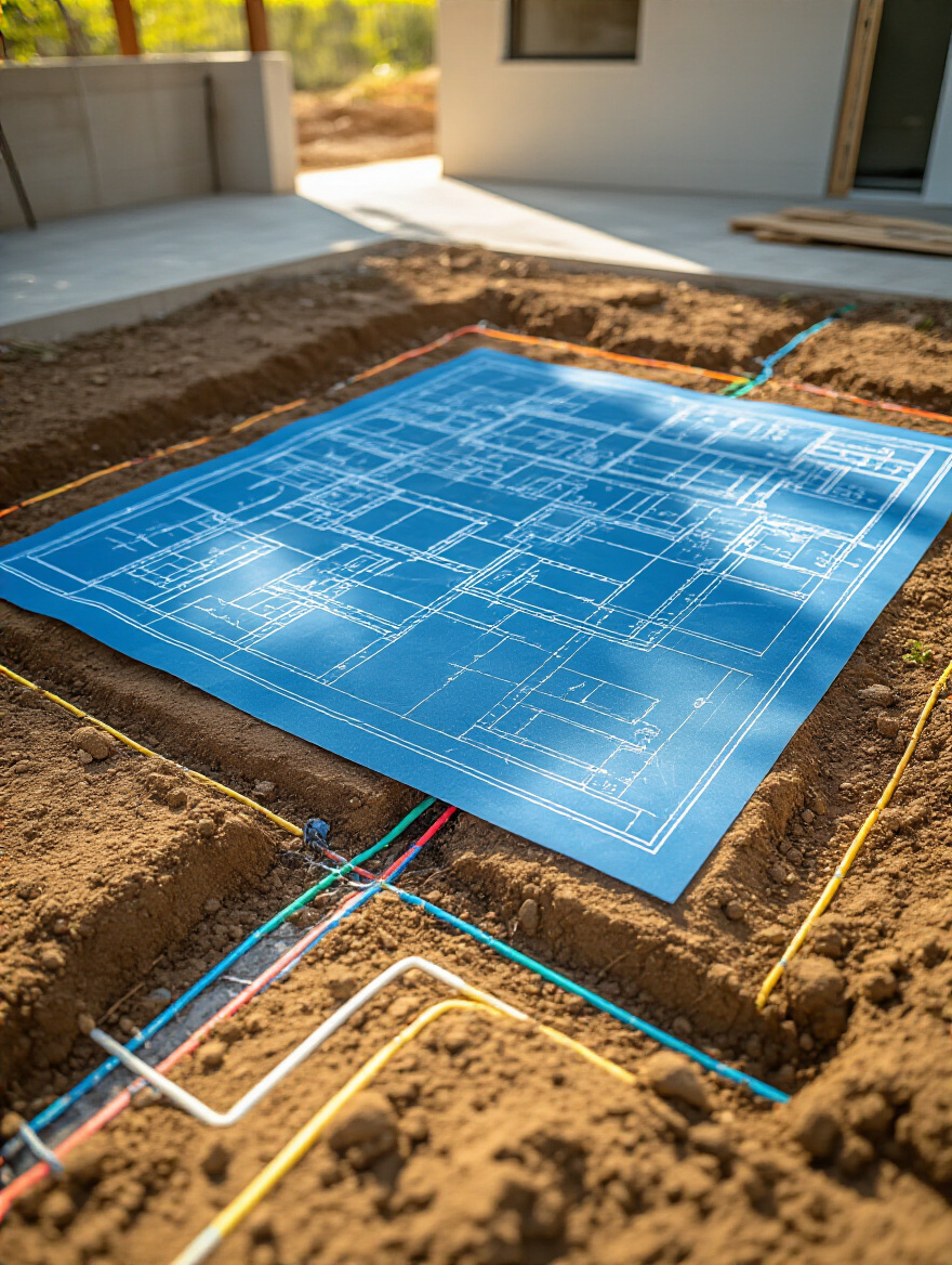 Overhead view of an outdoor kitchen design blueprint illustrating planned utility connection points for gas, water, and electricity with marked trench paths.