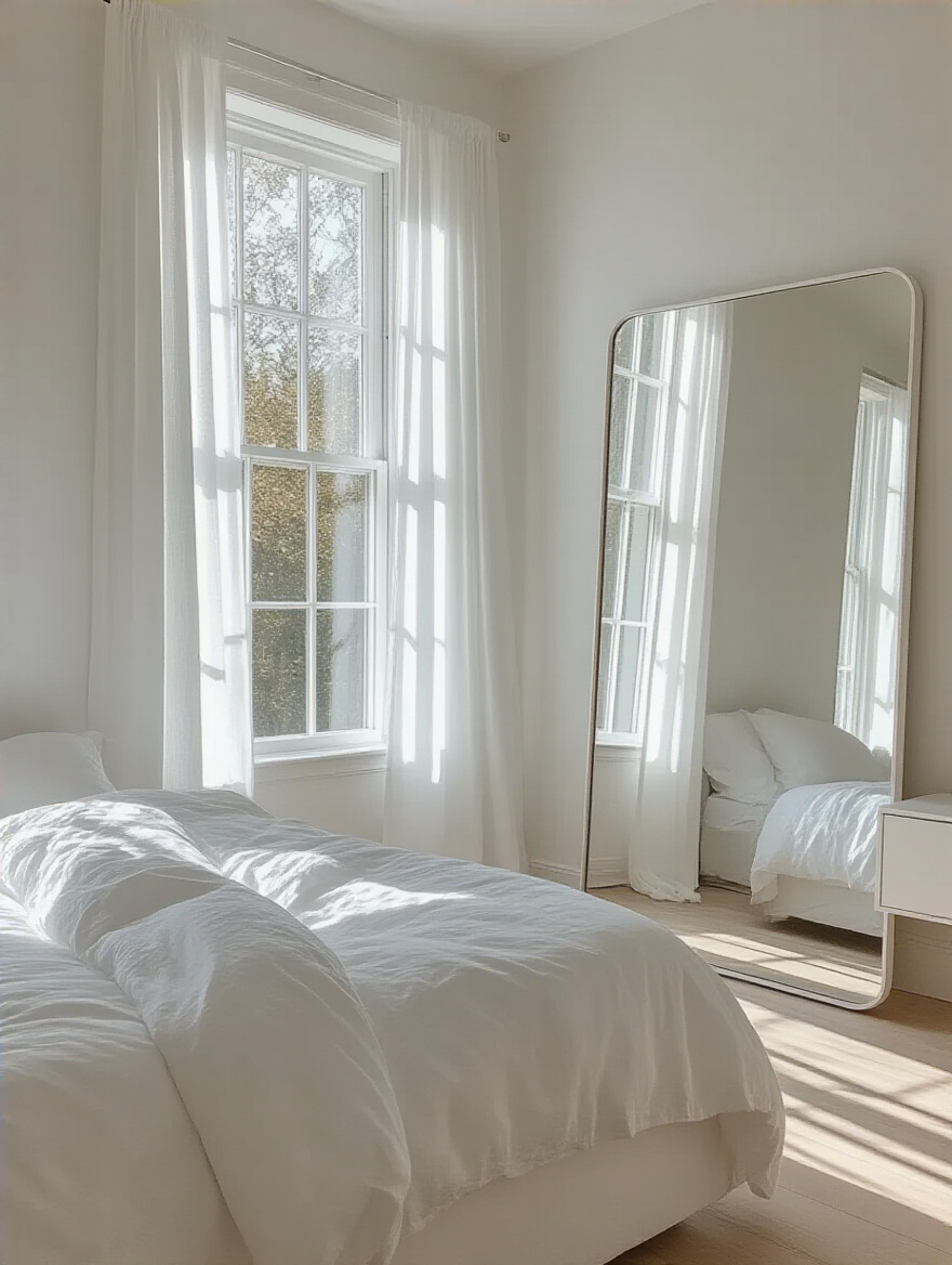 Serene white bedroom with mirrors reflecting daylight