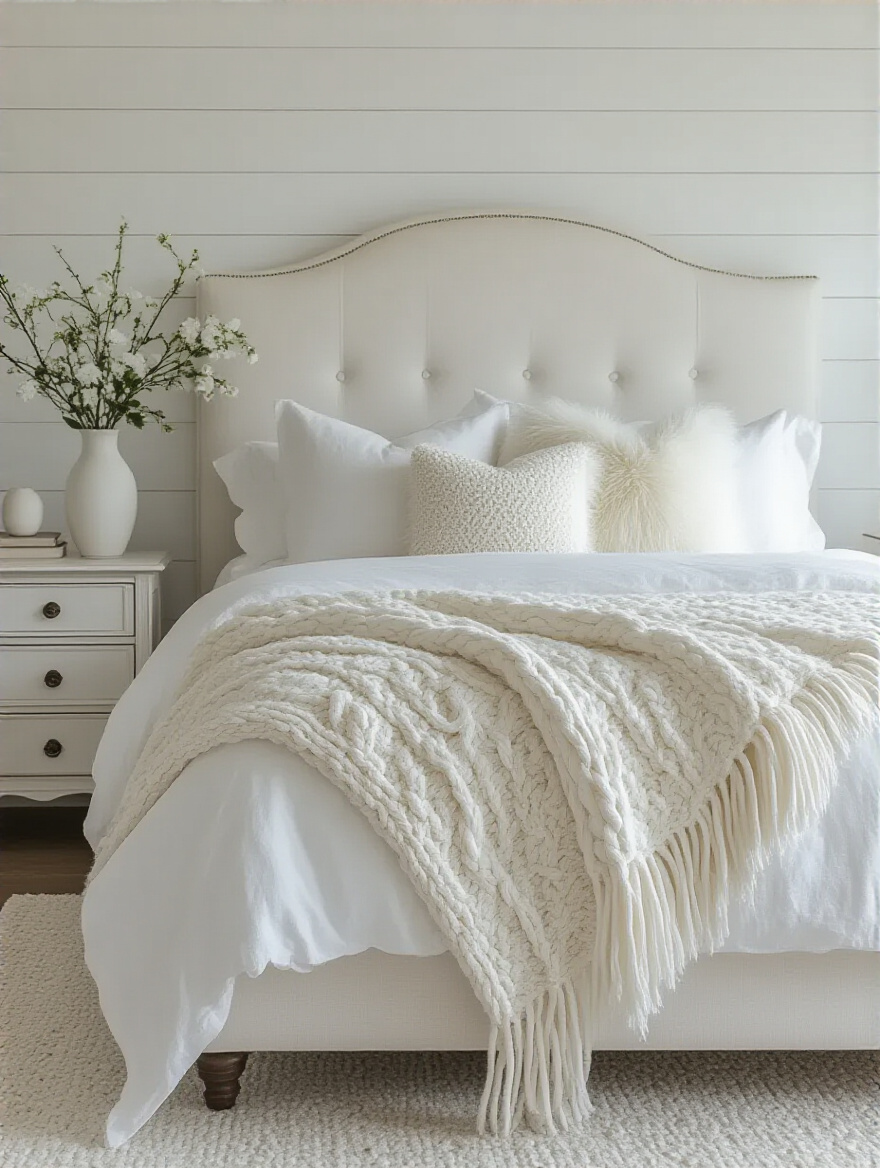 Elegant white bedroom with a white upholstered bed, textured bedding, and white wood dresser, showcasing varied textures for depth and sophistication.