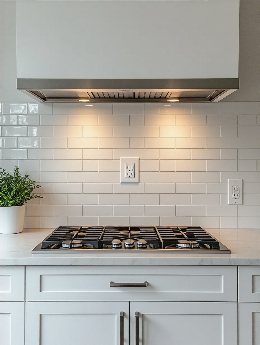 A sleek contemporary kitchen backsplash featuring a compliant GFI outlet and integrated range hood, emphasizing kitchen code compliance and safety requirements for renovation projects.