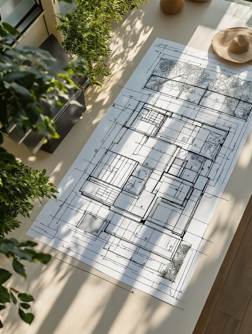 Illustration of an outdoor kitchen design blueprint overlaid with abstract regulatory guidelines, symbolizing the importance of understanding local zoning laws and obtaining permits, no text in the image.